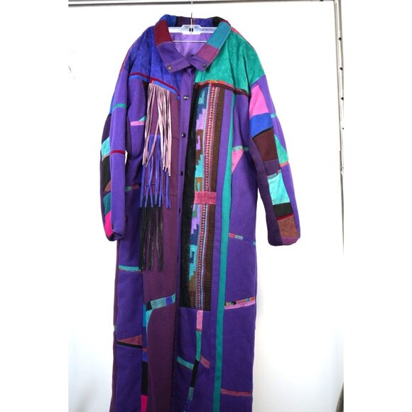 Vintage SFR Santa Fe Recreations Patchwork Suede Fringe Western Trench Coat - Picture 1 of 8